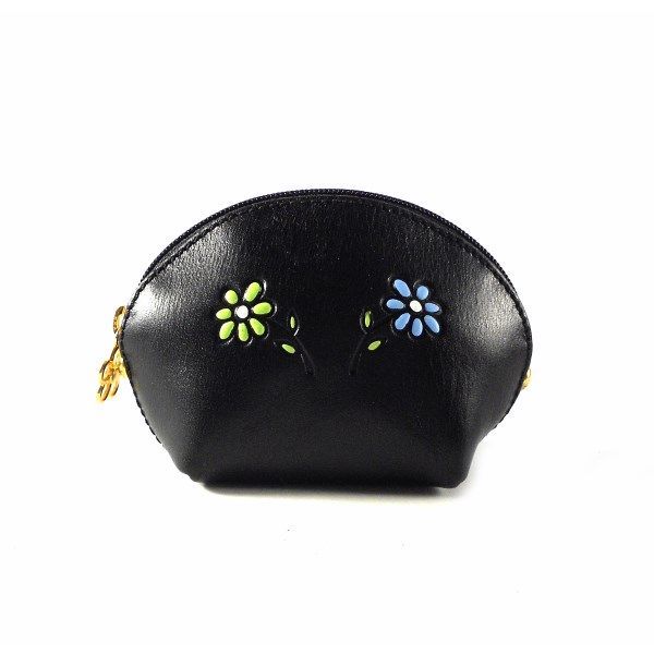 Monedero de piel con flores y cierre de cremallera