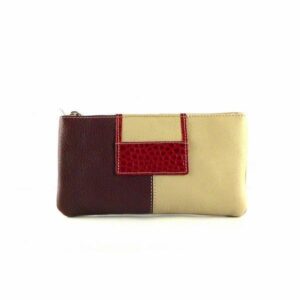 Monedero neceser de piel con cremallera para bolso beis y burdeos