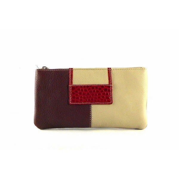 Monedero neceser de piel con cremallera para bolso beis y burdeos
