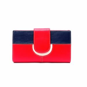 Cartera billetero grande para mujer en piel auténtica rojo y marino combinado
