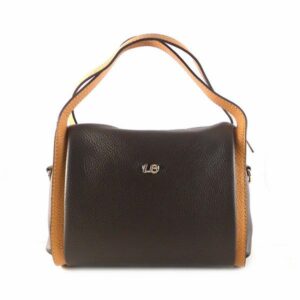 Bolso de mano dos asas de PIEL AUTÉNTICA marrón combinado